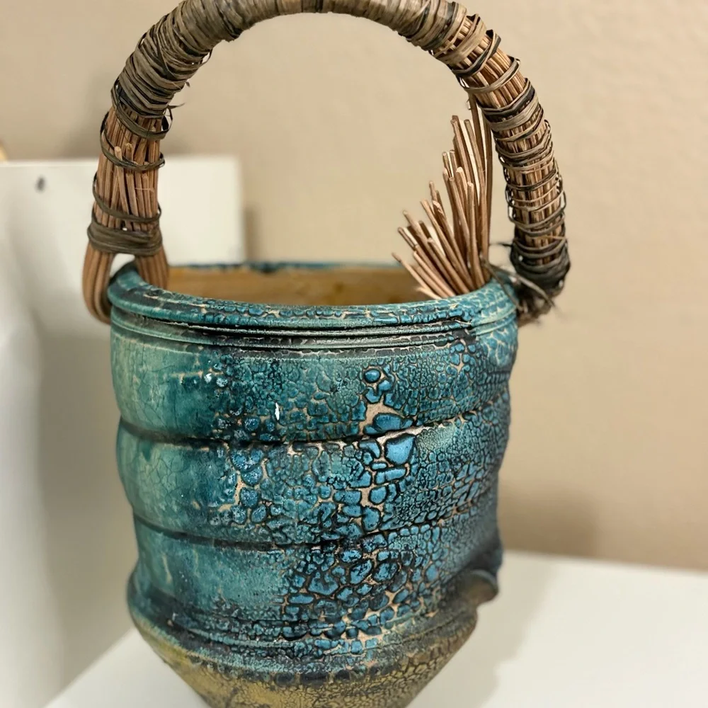 Rustic Blue Crackle Glaze Pottery Basket Planter w Handle